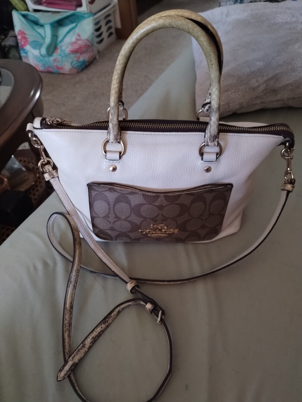 Coach Bone  White Pebbled Leather Shoulder Satchel with Brown Signature Pocket